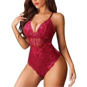 Sexy Snap Crotch Lingerie Lace Bodysuit Deep V Teddy One Piece Babydoll Red